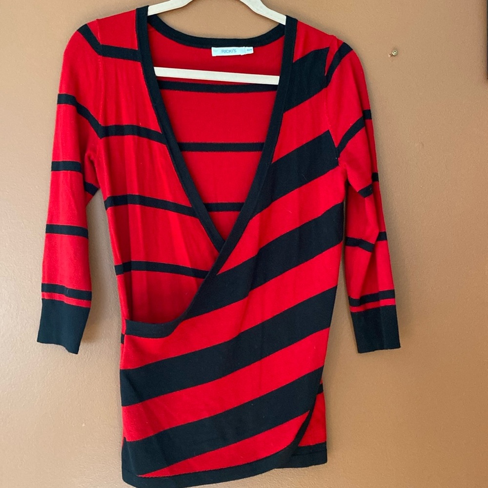 Rickis ladies crossover sweater in red and black stripes in size XS.